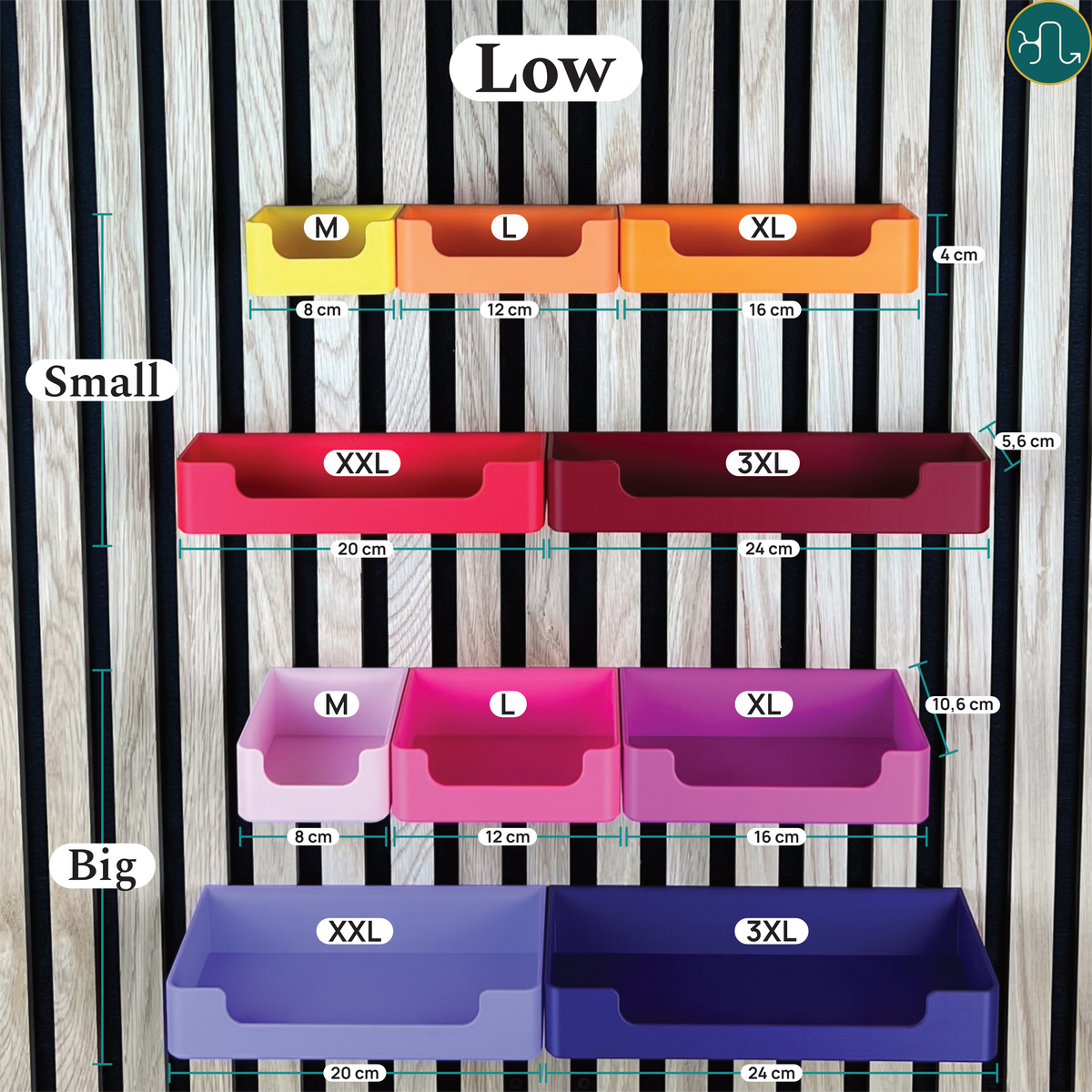 Größenübersicht Low: Organizer Box mit Eingriff, Small und Big, Breiten M bis 3XL mit Maßangaben