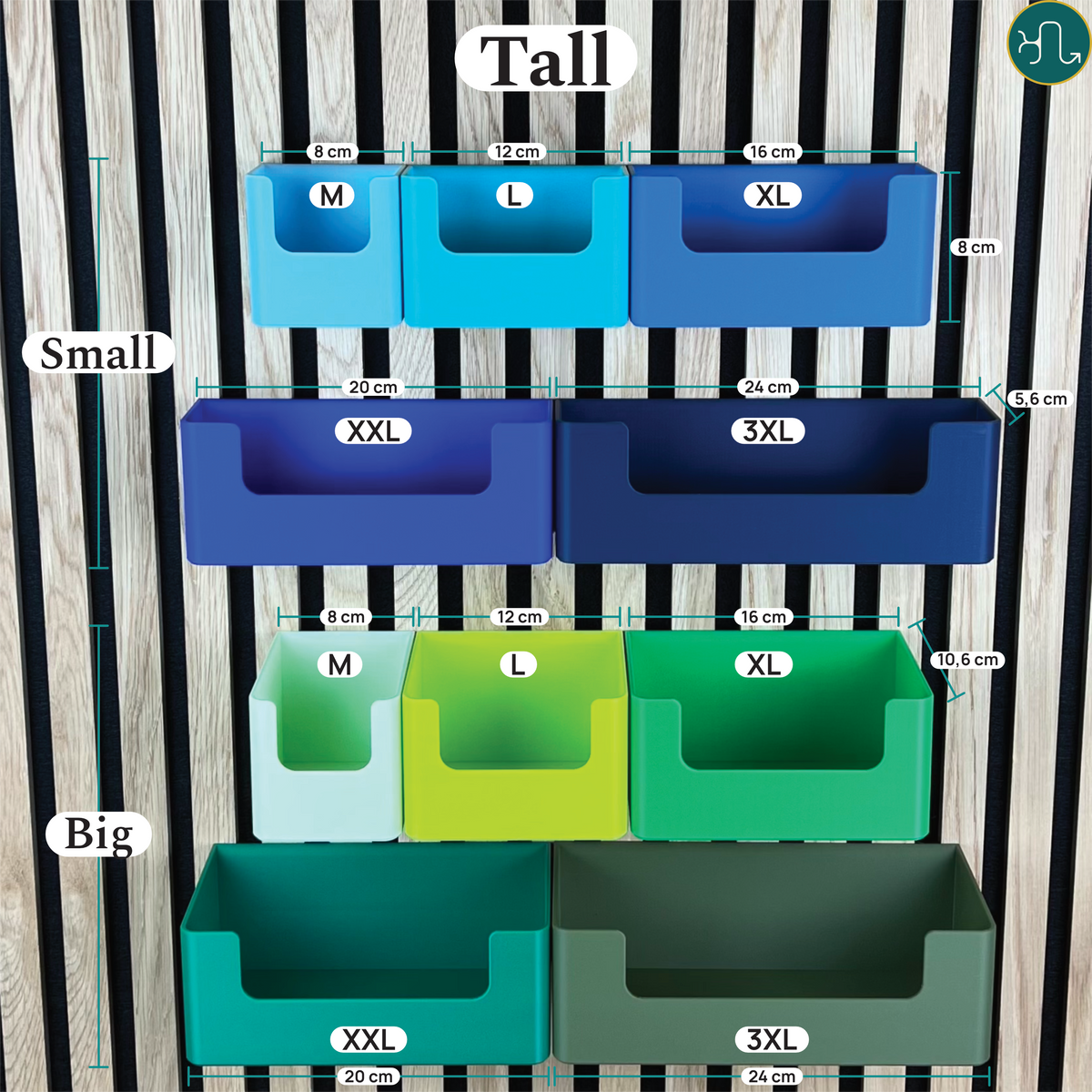 Größenübersicht Tall: Organizer Box mit Eingriff, Small und Big, Breiten M bis 3XL mit Maßangaben