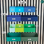 Größenübersicht Tall: Organizer Box für Akustikpaneele in Small und Big, Breiten M bis 3XL mit Maßangaben