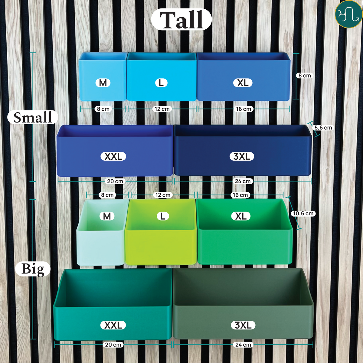 Größenübersicht Tall: Organizer Box für Akustikpaneele in Small und Big, Breiten M bis 3XL mit Maßangaben