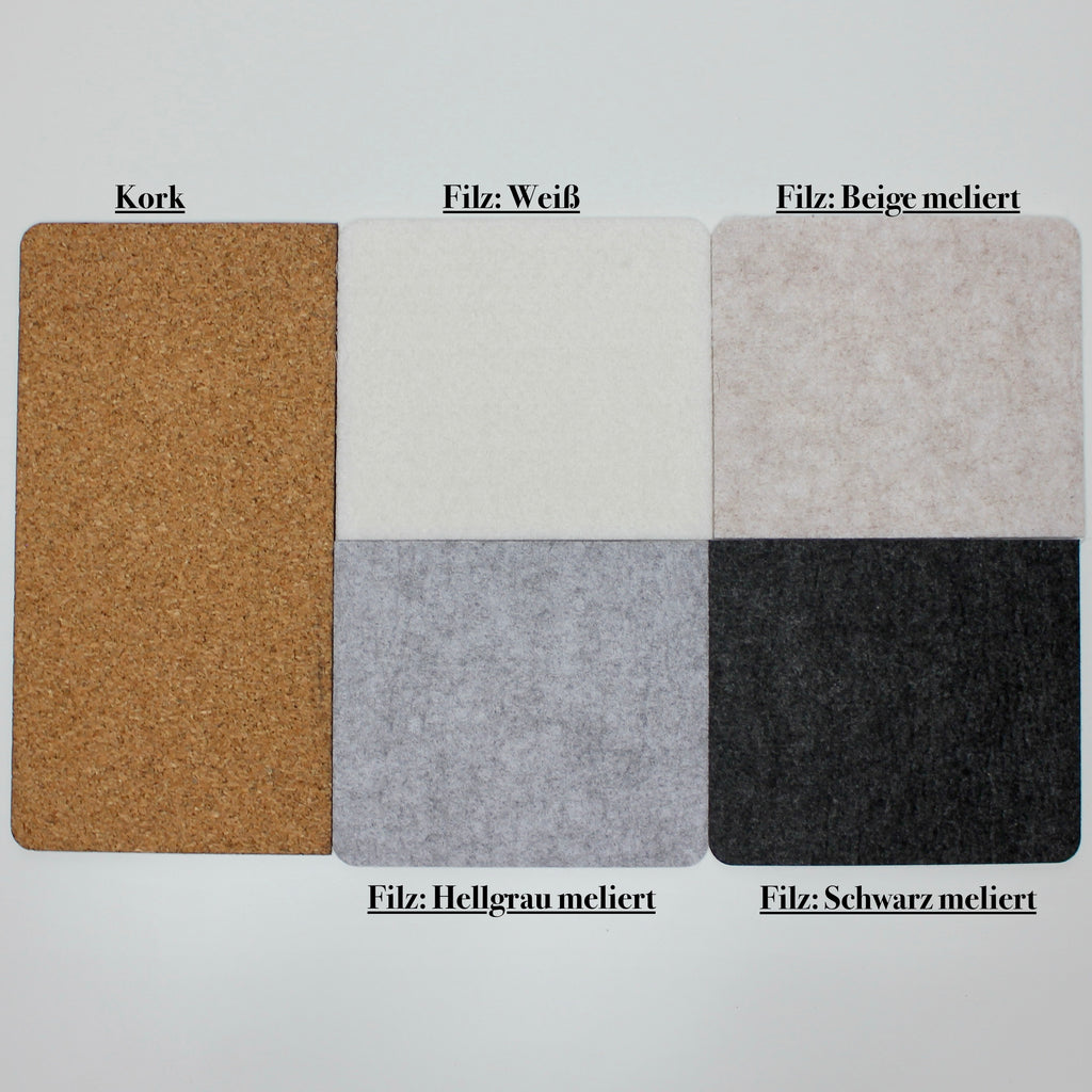 Materialmuster für die SKÅDIS Ablage mit Rand: Kork und Filz in Weiß, Beige, Hellgrau und Schwarz